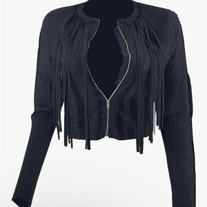 Voghtic- Faux Suede Moto Fringe Sleeve Zip Up Cropped Jacket Outwear (XS)